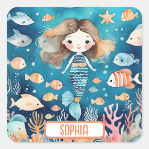 Schattige Kleine Zeemeermin Onder De Zee met Koraa Vierkante Sticker
