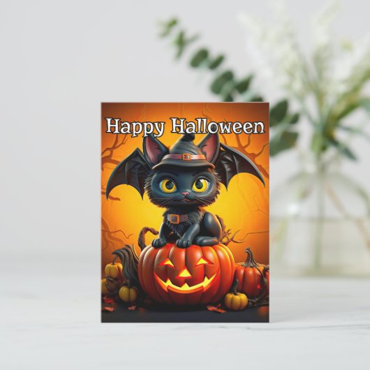 Schattige kleine zwarte kitty cat | Happy Hallowee Briefkaart (Staand voorkant)