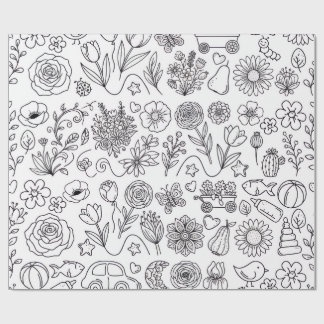 Schattige Kleur-in Bloemige Doodles Kids Kleurpapi Cadeaupapier