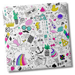 Schattige Kleurrijk 80s Pattern Tegeltje<br><div class="desc">Zoveel plezier in één druk! Dit patroon is een zwart-wit cartoon schets met kleurrijke tinten door. Beschikt over stukken zoals regenboogwolken, flamingo's, donuts, cupcakes en ijs, iconen uit de jaren 80, skateboards, ankers, sneakers, cactussen, snor, camera's en ZOVEEL MEER!!! Geweldig voor een 80s feest, of gewoon een ton van elke...</div>
