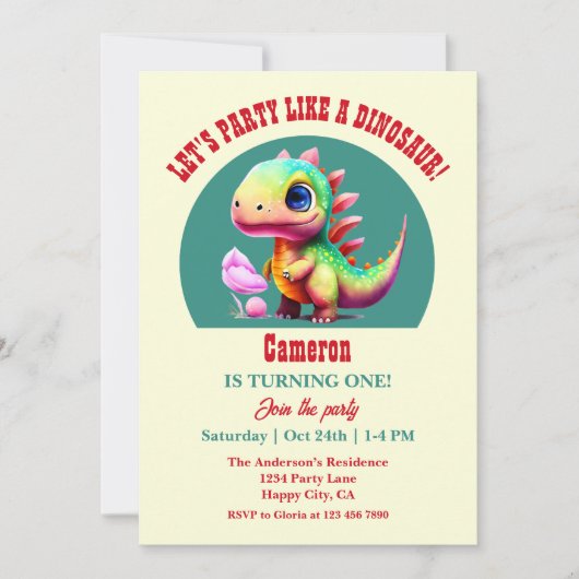 Schattige kleurrijk als een dinosaurus 1e verjaard kaart (Voorkant)