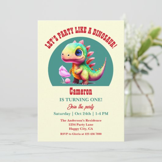 Schattige kleurrijk als een dinosaurus 1e verjaard kaart (Staand voorkant)