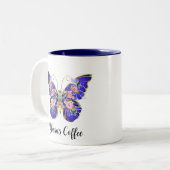 Schattige Kleurrijk Blauw Roze Gouden Vlinder Bloe Tweekleurige Koffiemok (Voorkant links)