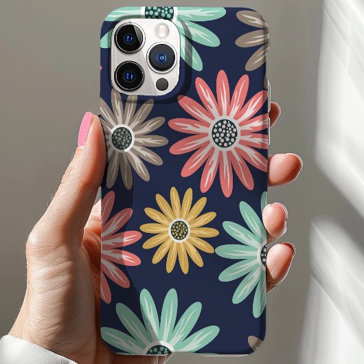Schattige Kleurrijk Daisy Bloemenpatroon op Navy Case-Mate iPhone Case