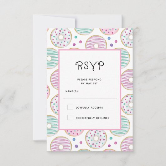 Schattige kleurrijk donutpatroon RSVP kaartje (Voorkant)
