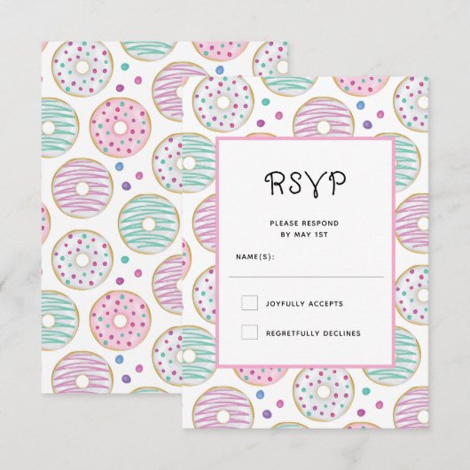 Schattige kleurrijk donutpatroon RSVP kaartje (Voorkant / Achterkant)