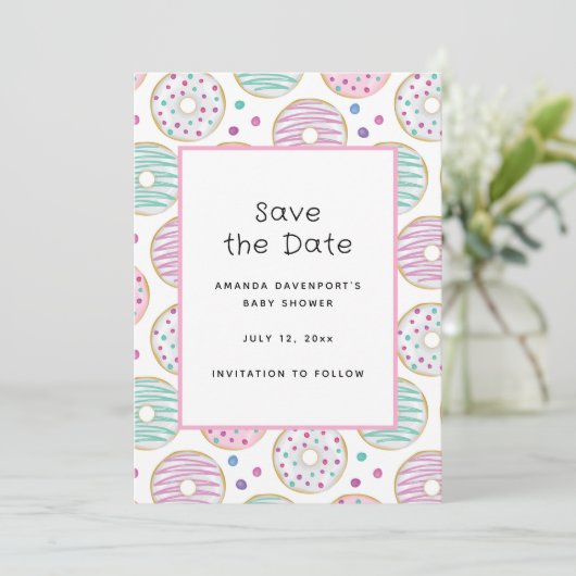 Schattige kleurrijk donutpatroon save the date (Staand voorkant)
