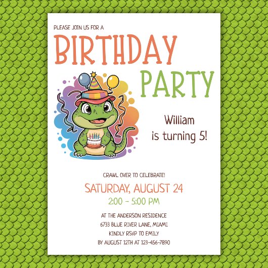 Schattige Kleurrijk Kinder Reptiel Thema Verjaarda Kaart