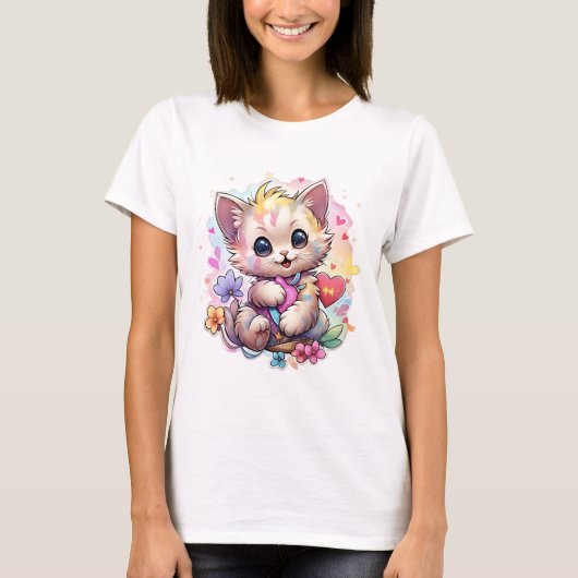 Schattige & Kleurrijk Kitten Schattig Cat Lover T- T-shirt (Voorkant)