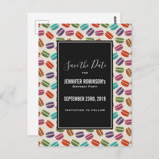 Schattige Kleurrijk Macarons Pattern Save the Date Briefkaart (Voorkant / Achterkant)