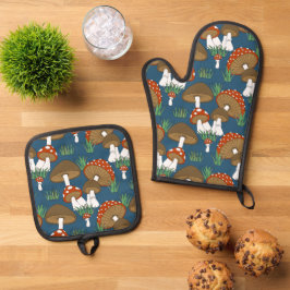 Schattige kleurrijk paddenstoel landelijk ontwerp ovenwant & pannenlap set