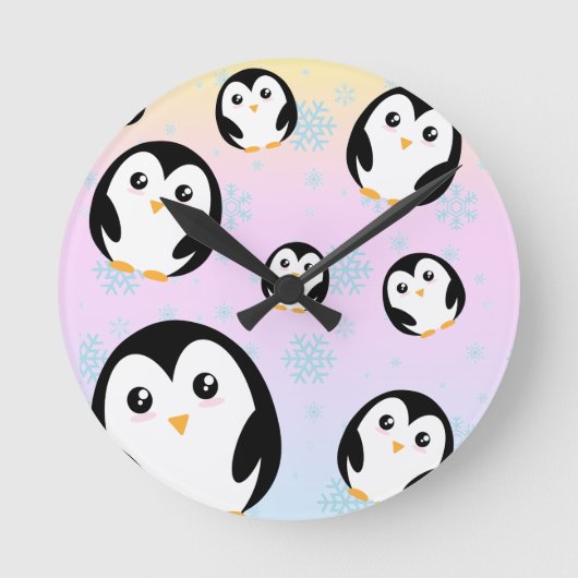 Schattige kleurrijk pastel pinguïn gradiëntpatroon ronde klok (Voorkant)
