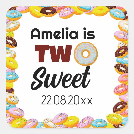 Schattige & Kleurrijk Twee Lief Donut 2e Verjaarda Vierkante Sticker (Voorkant)