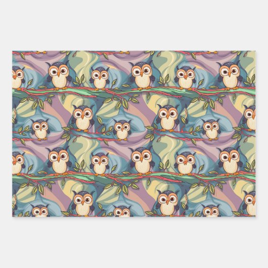 Schattige kleurrijk uil patroon inpakpapier vel (Voorkant)