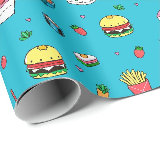 Schattige kleurrijk voedingspatroon op blauw cadeaupapier (Rol Hoek)