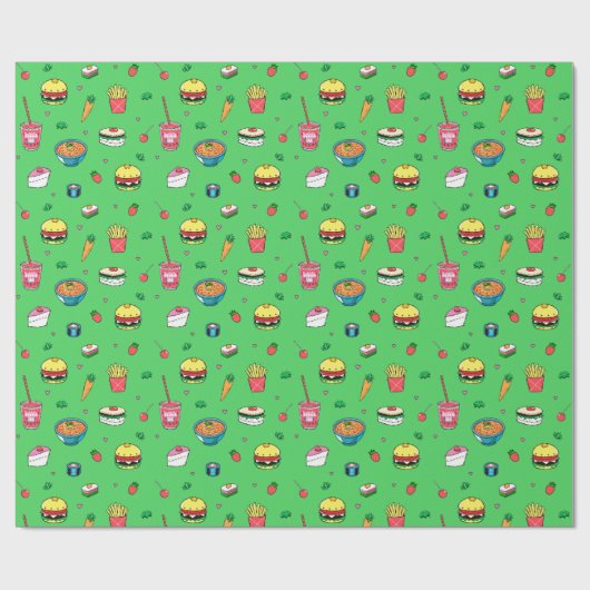 Schattige kleurrijk voedingspatroon op groen cadeaupapier (Vlak)