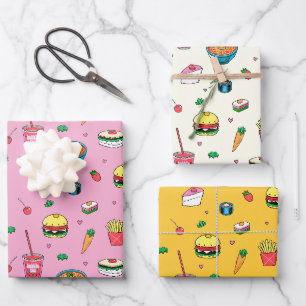 Schattige kleurrijk voedselpatroon roze geel wit inpakpapier vel