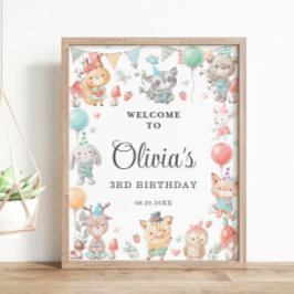 Schattige kleurrijk Woodland Animals verjaardagsfe Poster