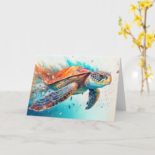 Schattige Kleurrijk Zwemmen Zee Schildpad Verjaard Kaart (Gele Bloem)