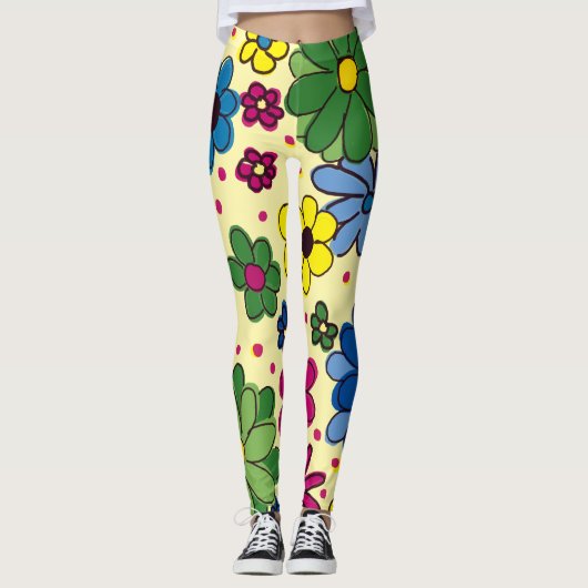 Schattige Kleurrijke Bloem Gele Leggings (Voorkant)