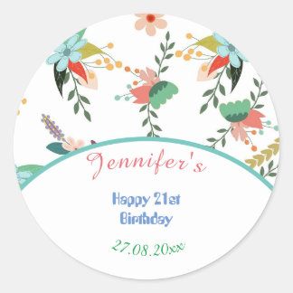 Schattige Kleurrijke Bloemen Gelukkige Verjaardag Ronde Sticker