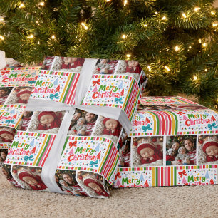 Schattige Kleurrijke Candy Stripe 2 Foto Raster Ke Cadeaupapier