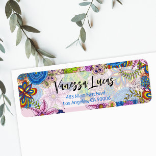 Schattige Kleurrijke Doodle Flowers Retouradres Etiket