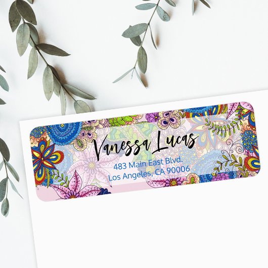 Schattige Kleurrijke Doodle Flowers Retouradres Etiket