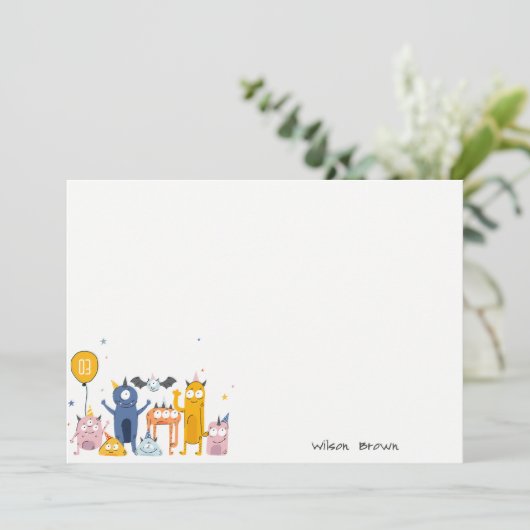Schattige Kleurrijke Gele Feest Monsters Kinderver Notitiekaartje (Staand voorkant)