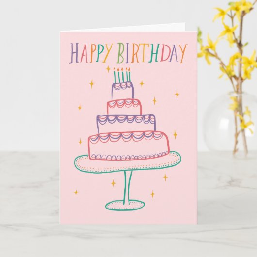 Schattige Kleurrijke Happy Birthday Cake Sketch Do Kaart (Gele Bloem)