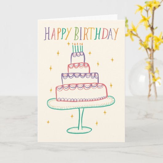 Schattige Kleurrijke Happy Birthday Cake Sketch Do Kaart (Gele Bloem)