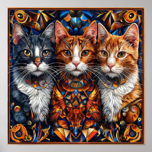Schattige Kleurrijke Katten Fantasievolle Bloemige Poster