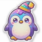 Schattige kleurrijke party pinguïn met een feestel sticker (Voorkant)