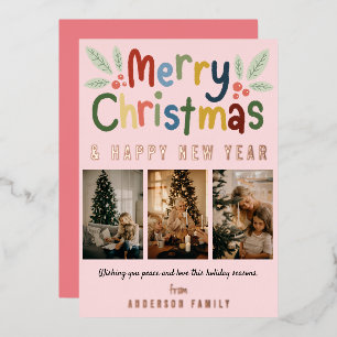 Schattige Kleurrijke Prettig Kerstmis Familie Foto Folie Feestdagenkaart