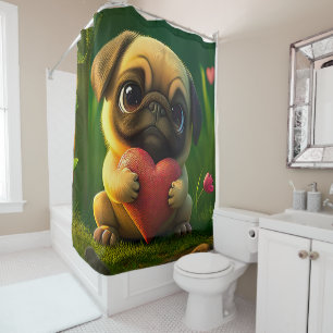 Schattige Kleurrijke Pug Hond Puppy met een Hart Douchegordijn