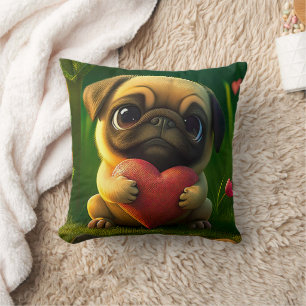 Schattige Kleurrijke Pug Hond Puppy met een Hart   Kussen