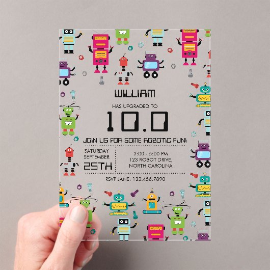 Schattige Kleurrijke Robot Kinder Robots Verjaarda Acryl Uitnodigingen (Insitu (Draagbaar))