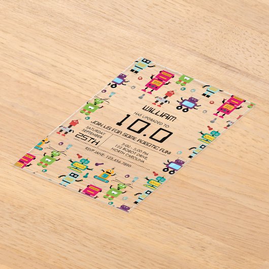 Schattige Kleurrijke Robot Kinder Robots Verjaarda Acryl Uitnodigingen (Laagn)