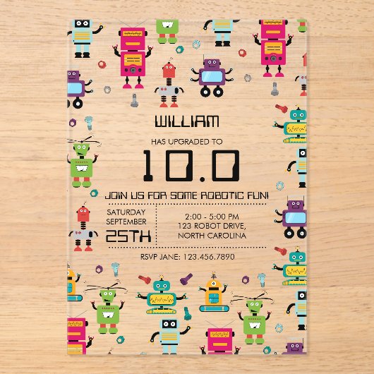 Schattige Kleurrijke Robot Kinder Robots Verjaarda Acryl Uitnodigingen (Voorkant)