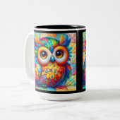 Schattige kleurrijke uil tweekleurige koffiemok (Voorkant links)