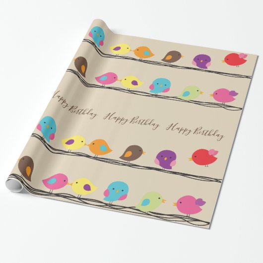 schattige kleurrijke vogels op touwpatroon cadeaupapier (Uitgerold)