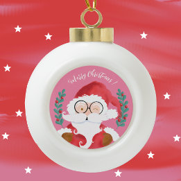 Schattige knipogen Santa Pink Merry Christmas Orna Keramische Bal Ornament