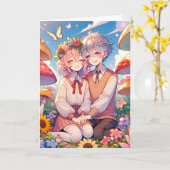 Schattige knuffelig anime paar | Love You Boo Kaart (Gele Bloem)