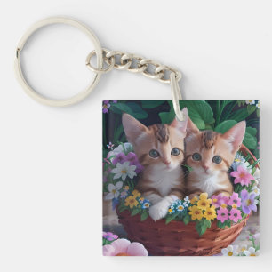 Schattige Knuffelkatjes in een Bloemenmand Sleutelhanger