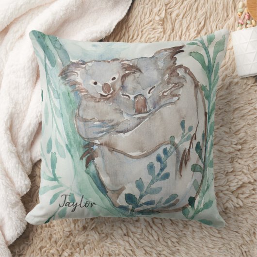 Schattige Koala & Baby Waterverf Voeg Naam Teal Ki Kussen (Deken)