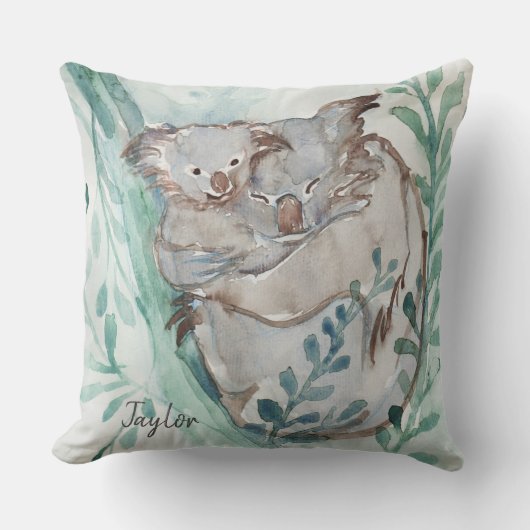 Schattige Koala & Baby Waterverf Voeg Naam Teal Ki Kussen (Voorkant)