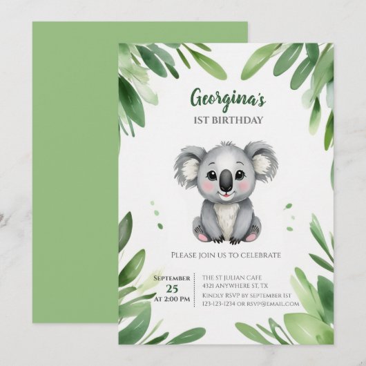 Schattige Koala Beer met Groene Bladeren Eerste Ve Kaart (Voorkant / Achterkant)