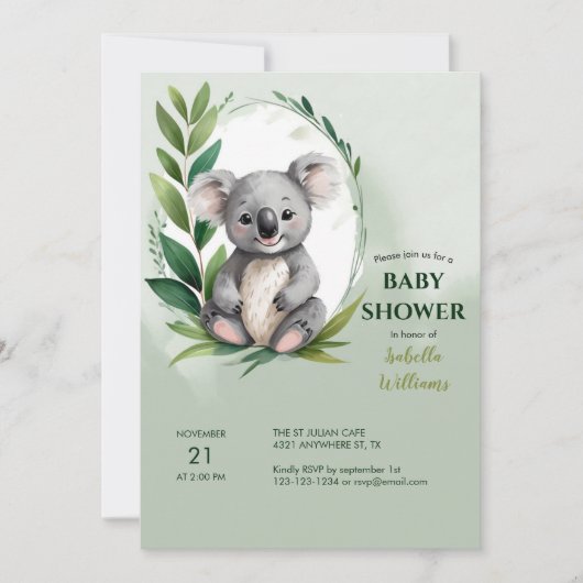 Schattige Koala Beer Waterverf Groen Baby shower Kaart (Voorkant)