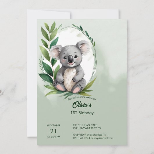 Schattige Koala Beer Waterverf Groen Verjaardag Kaart (Voorkant)