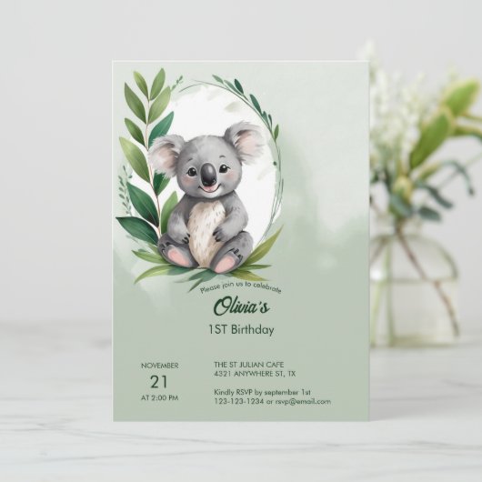 Schattige Koala Beer Waterverf Groen Verjaardag Kaart (Staand voorkant)